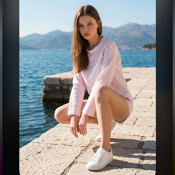 J. Crew Tops - J CREW Funnel Neck Top Blouse Pink White Stripe Cotton Cruise Sz 0